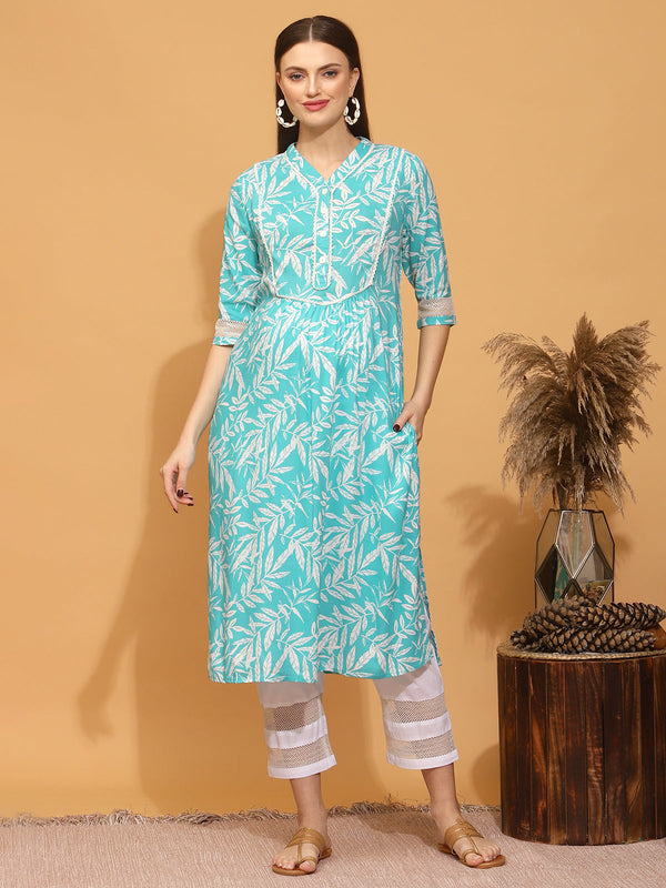 Buy Jaipur Kurti Women Blue Self Weave Straight Cotton Blend Kurta With  Pant (Set Of 2) online